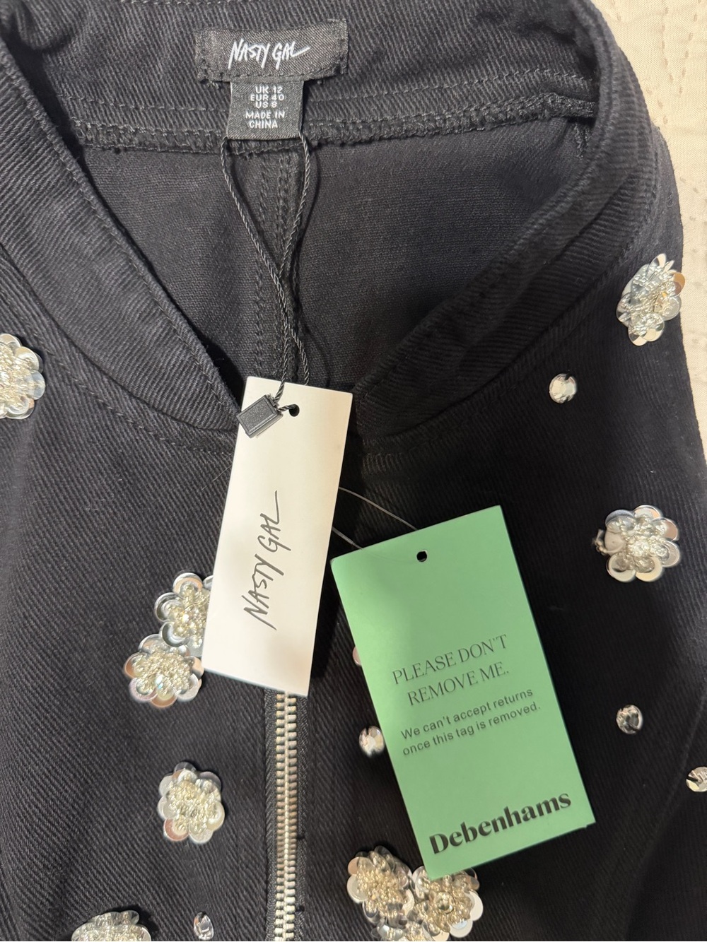 Nasty Gal Black Embellished Zip-Front Mini Denim Dress NWT - Picture 6 of 8